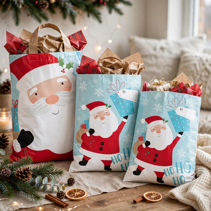 PVC Santa Christmas sacks displayed ready to hold gifts for Christmas Eve