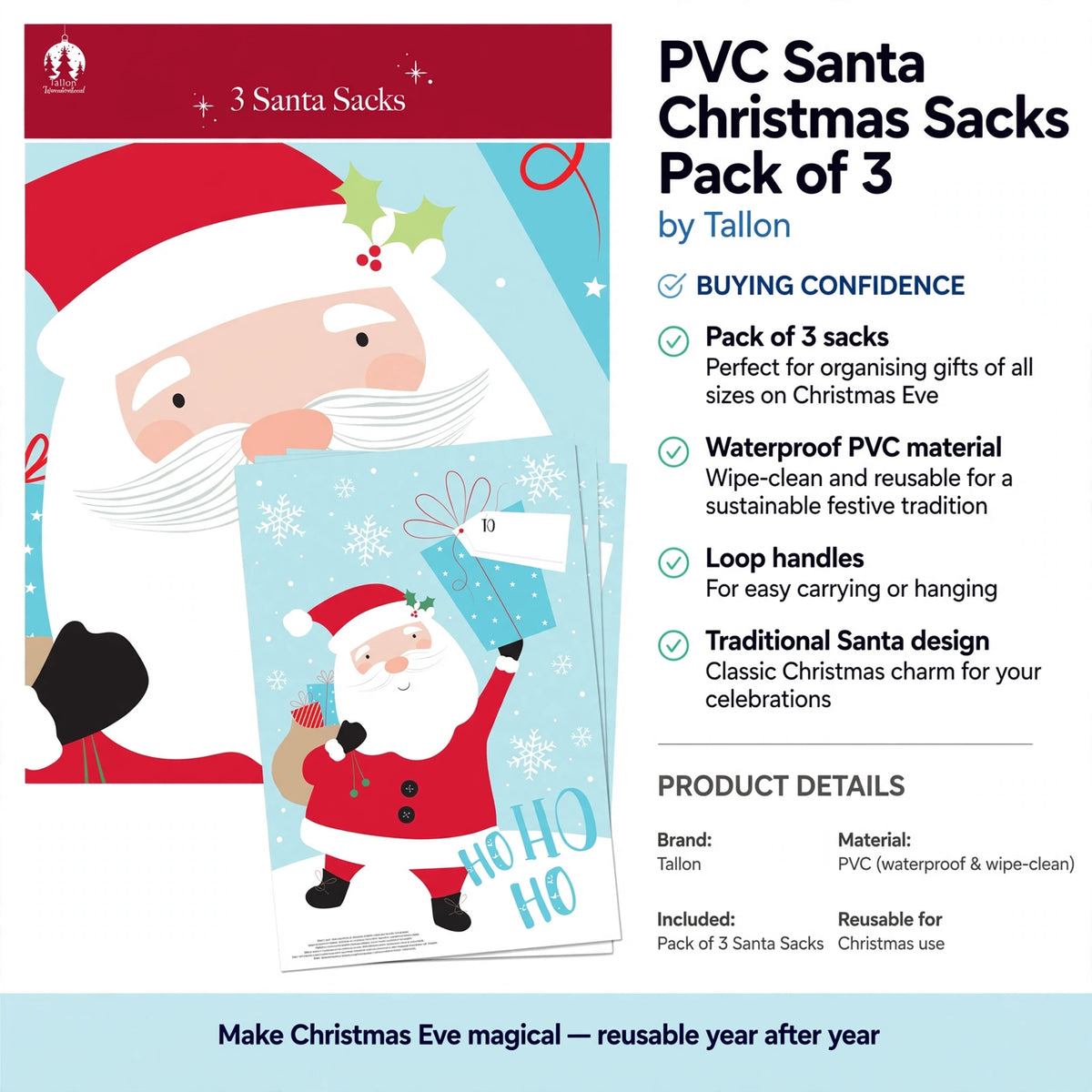 Reusable PVC Santa sacks with waterproof and wipe-clean material for Christmas gift organization