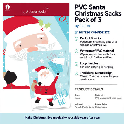 Reusable PVC Santa sacks with waterproof and wipe-clean material for Christmas gift organization