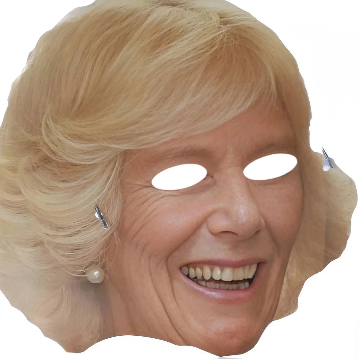 Close-up view of Queen Consort Camilla cardboard face mask with photographic print