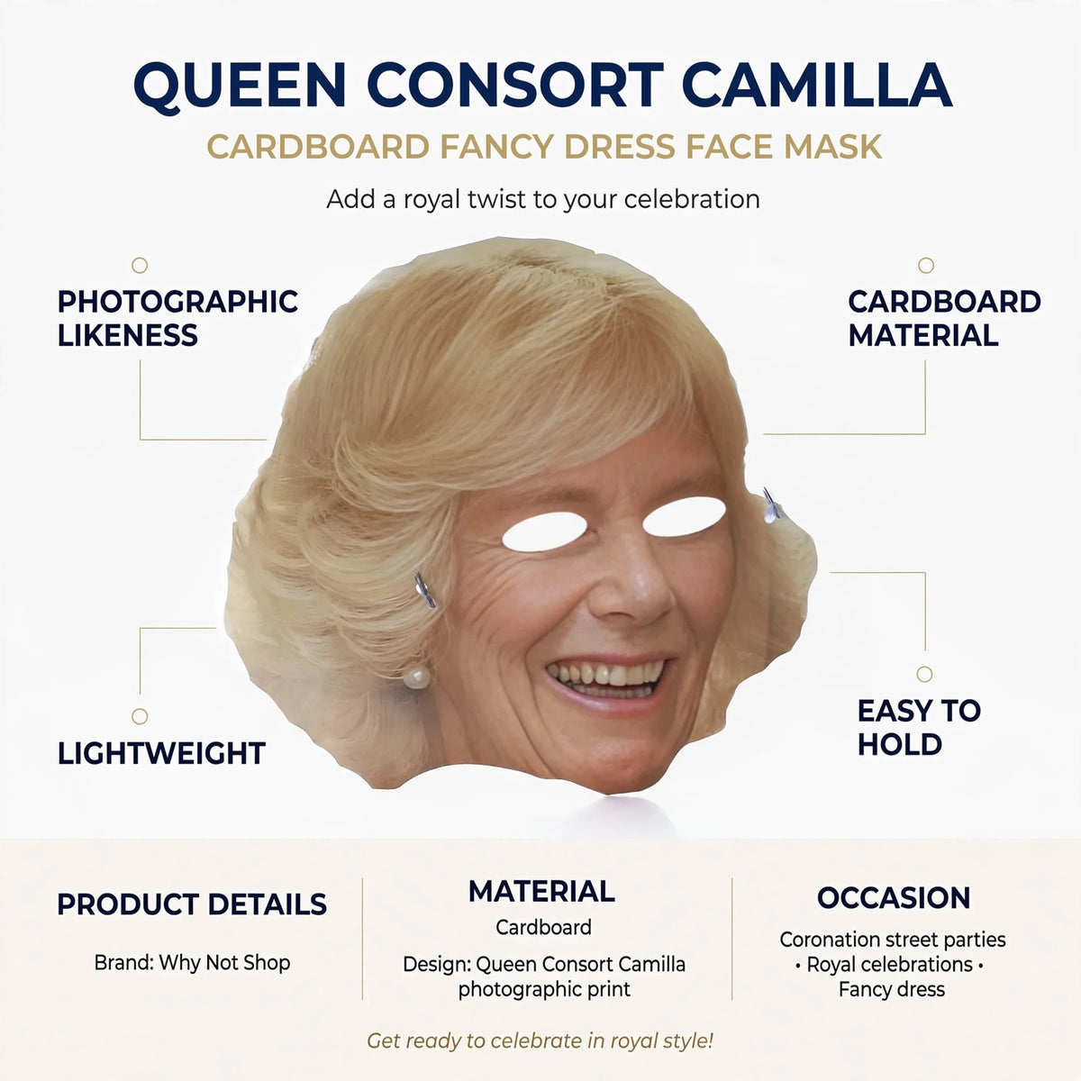 Infographic showing photographic likeness and cardboard material features of Queen Consort Camilla face mask