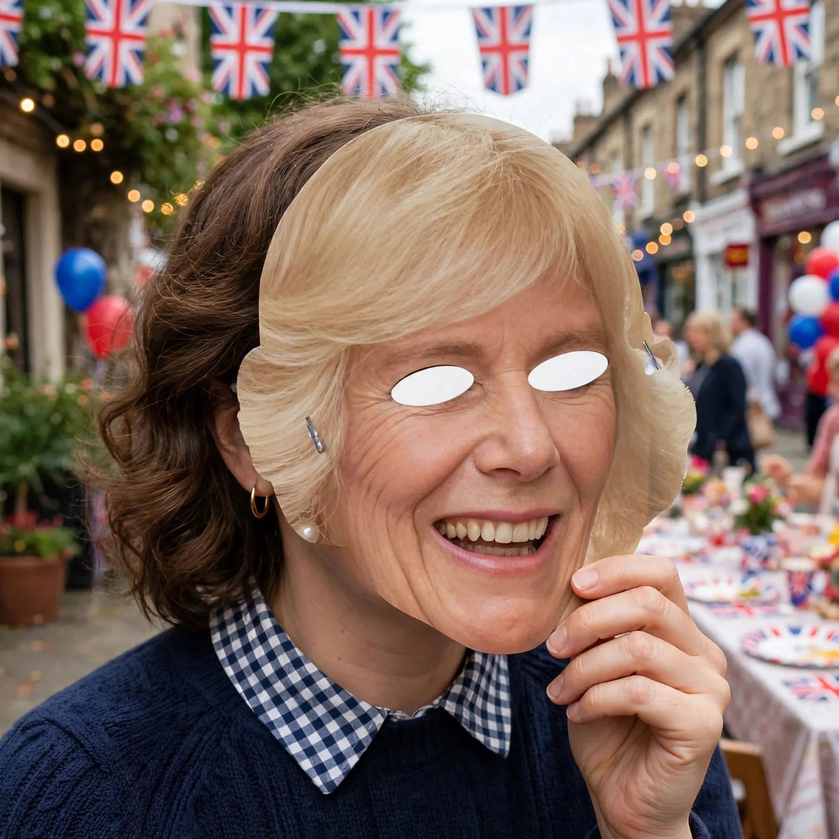 Person holding Queen Consort Camilla cardboard face mask at a royal-themed celebration