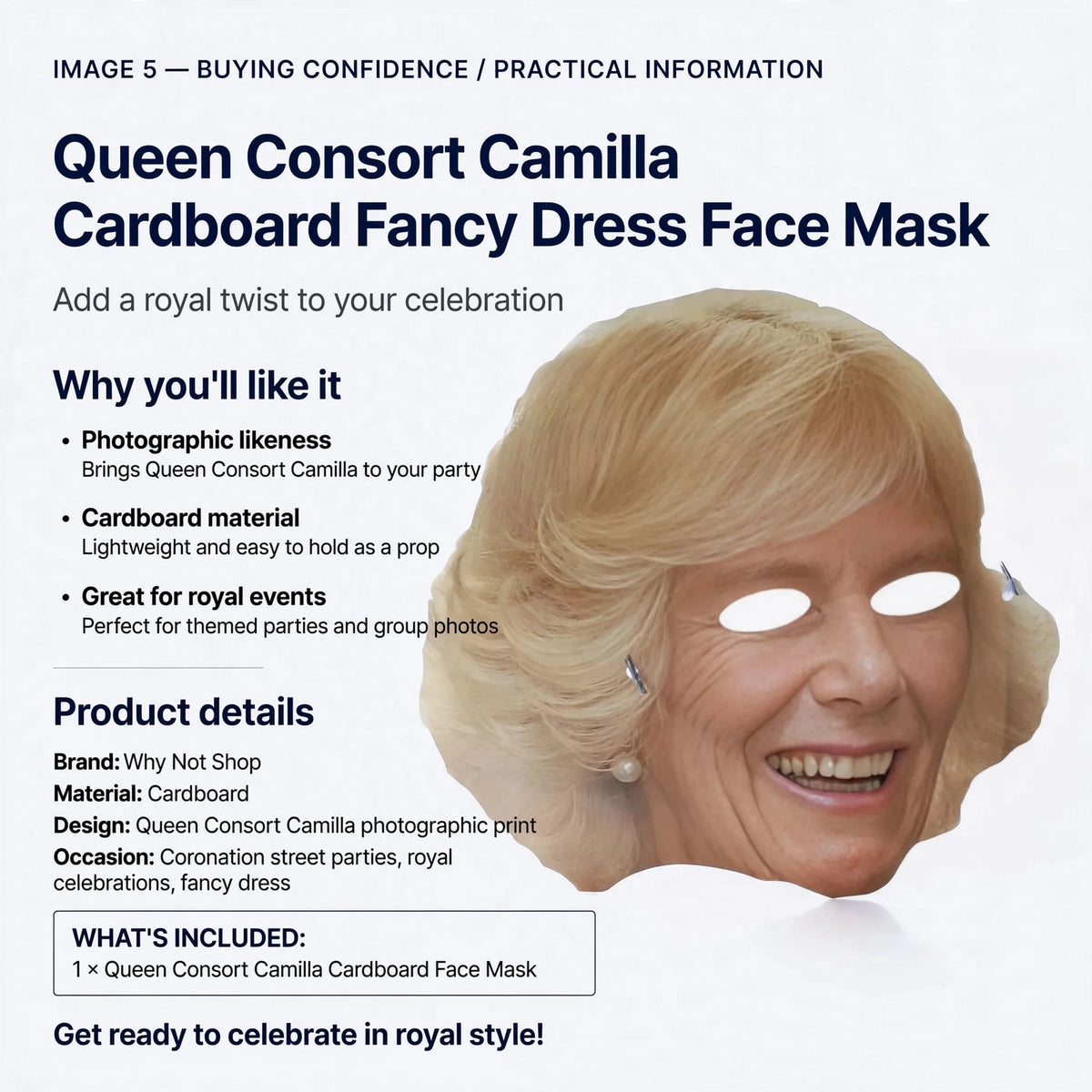 Lightweight cardboard face mask suitable for royal-themed parties and group photos