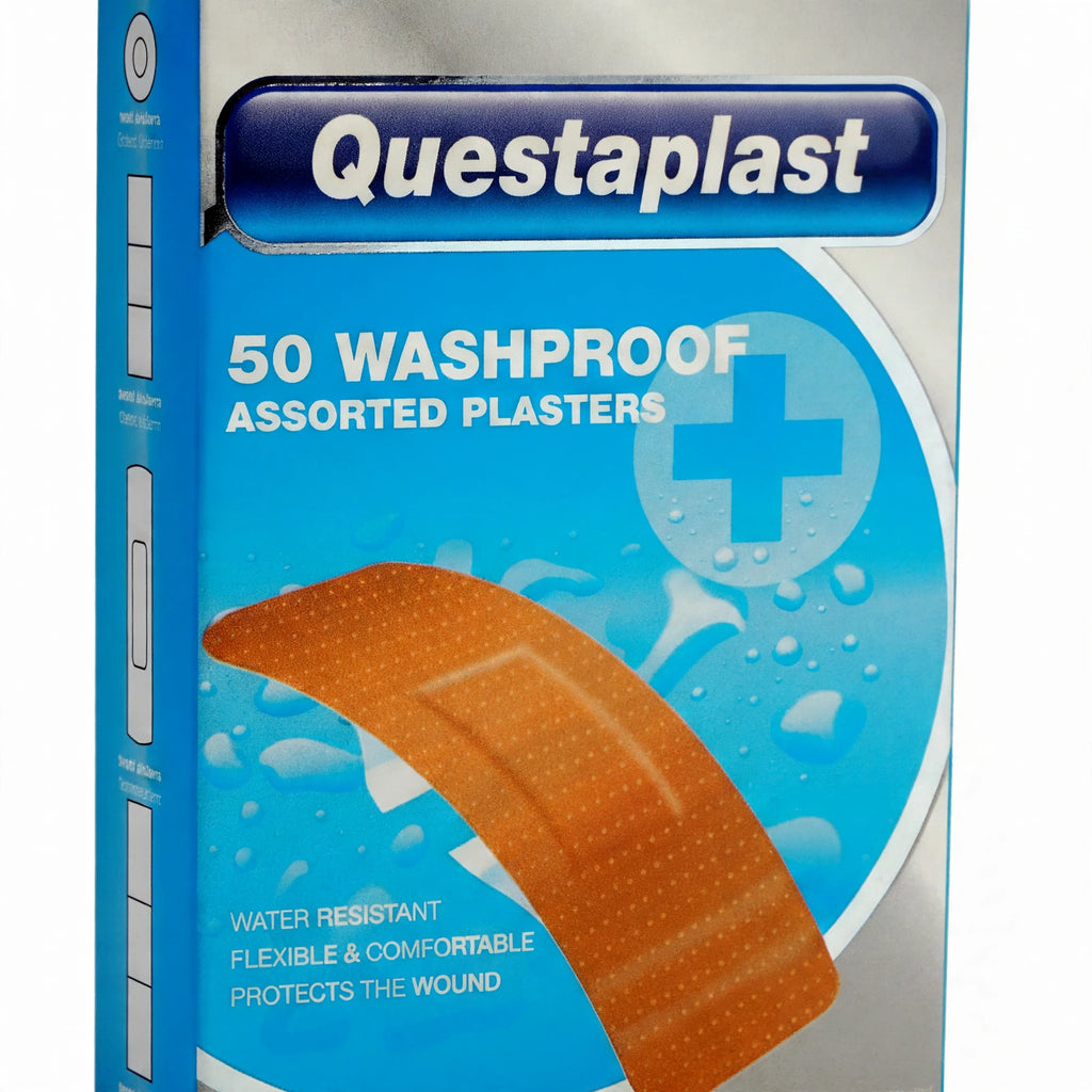 Close-up view of Questaplast washproof flexible plasters in assorted sizes