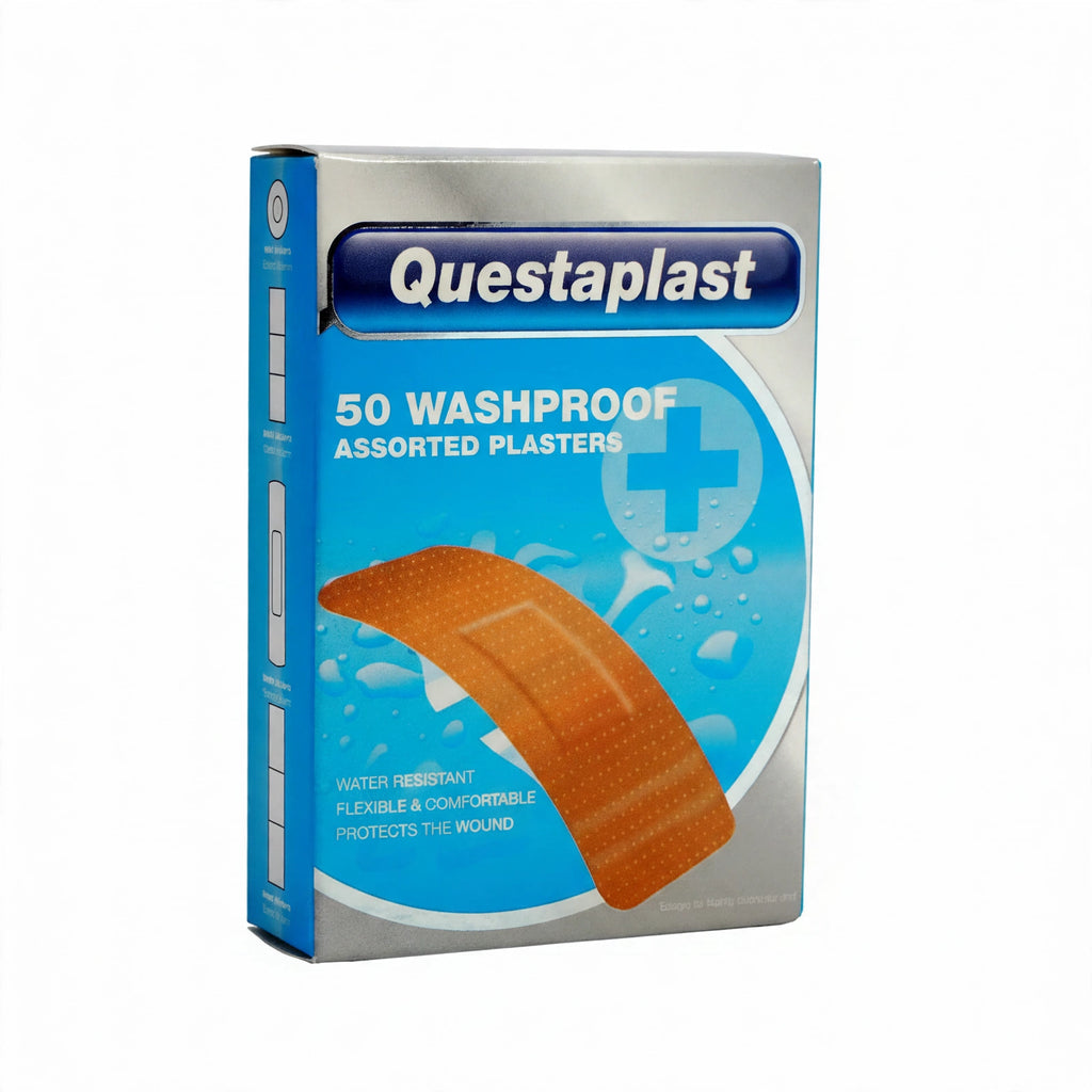 Questaplast assorted washproof plasters pack with 50 plasters in various sizes