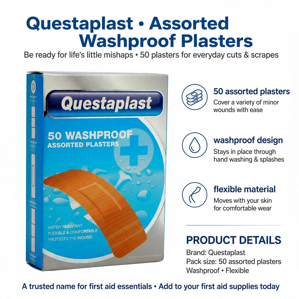 Infographic showing 50 assorted plasters with washproof and flexible features