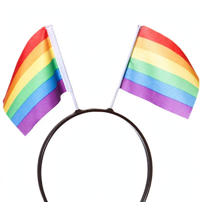 Close-up view of Rainbow Gay Pride Flags On A Headband with two small rainbow pride flags