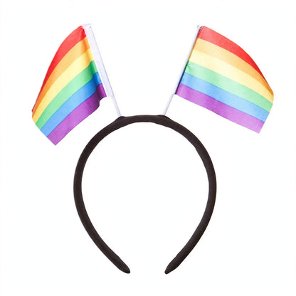 Rainbow Gay Pride Flags On A Headband with two small rainbow pride flags attached