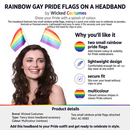 Infographic showing two small rainbow pride flags, lightweight design, and secure fit without clips or pins