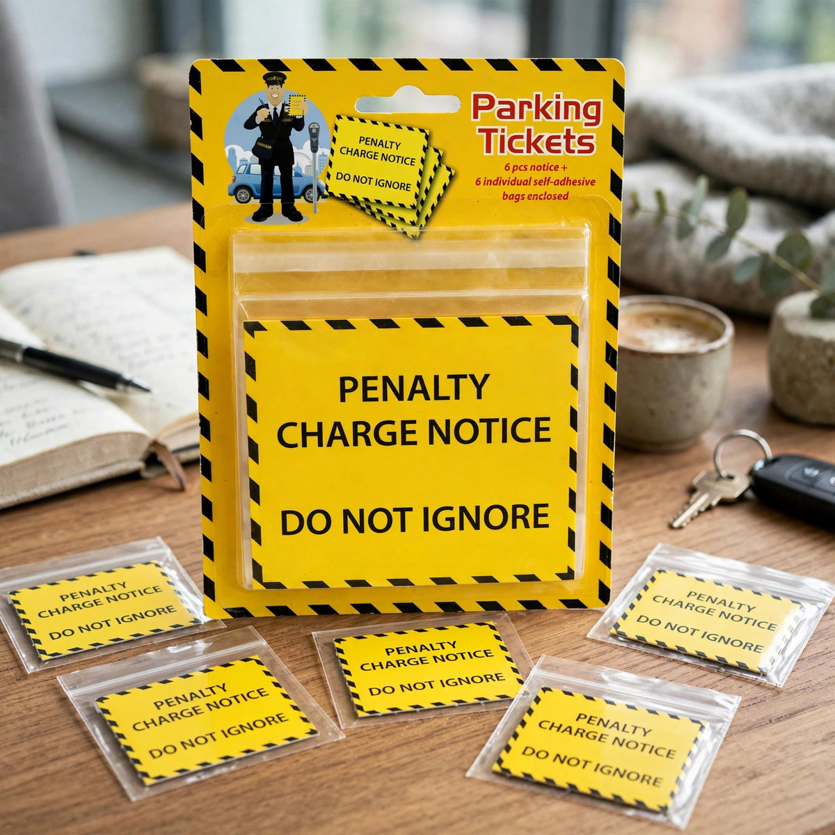 Joke parking tickets used for pranks at office or party setting