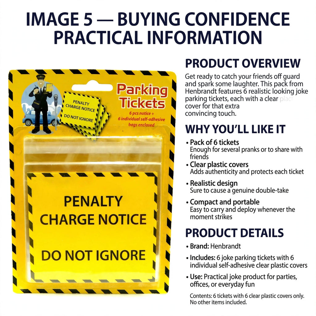 Pack includes 6 joke parking tickets with clear plastic covers for authenticity and protection