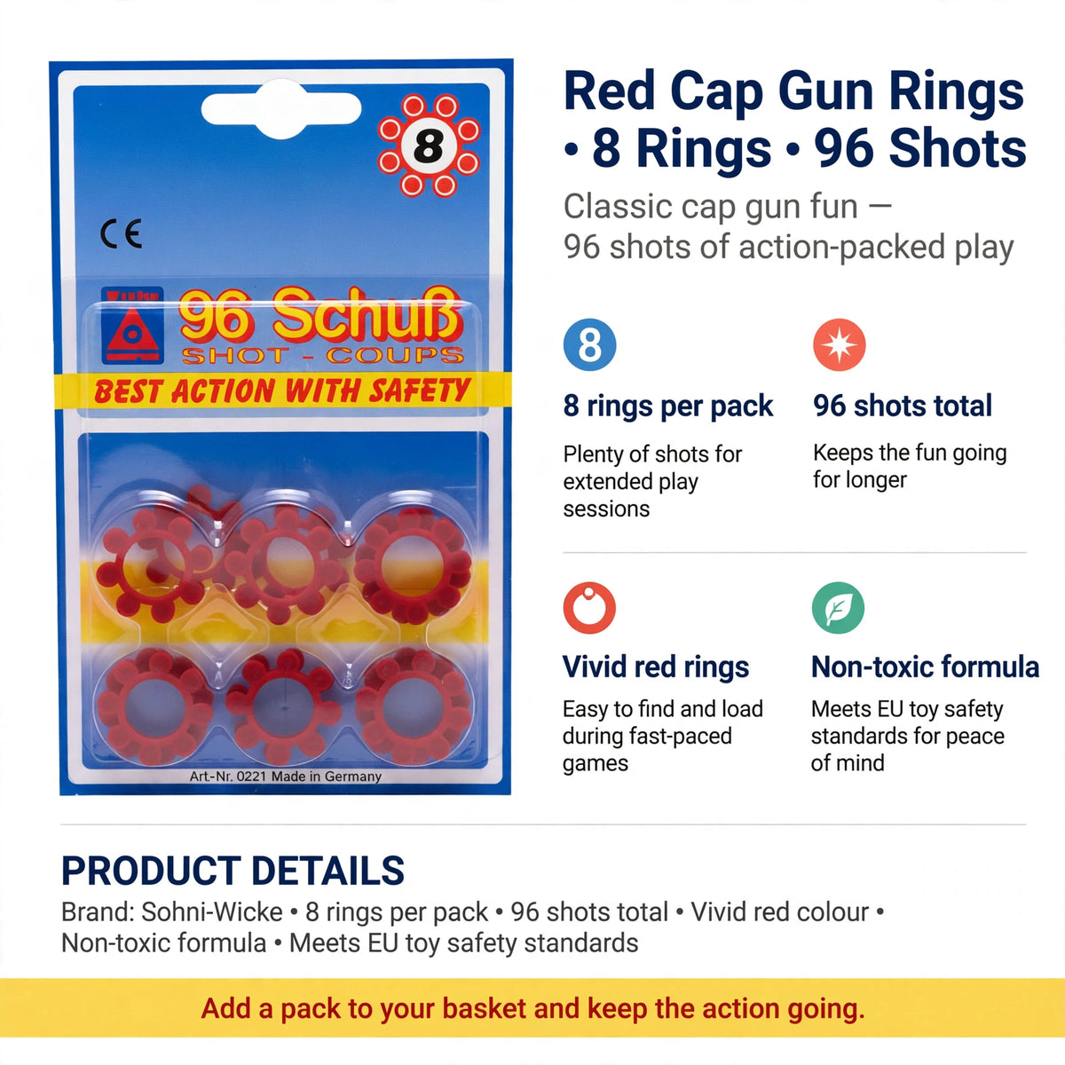 Infographic showing 8 rings per pack, 96 shots total, vivid red colour, and non-toxic formula