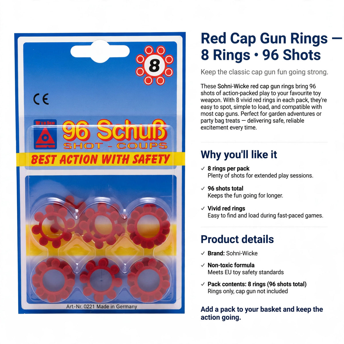 Product details highlighting 8 rings per pack, 96 shots total, and EU toy safety standards compliance