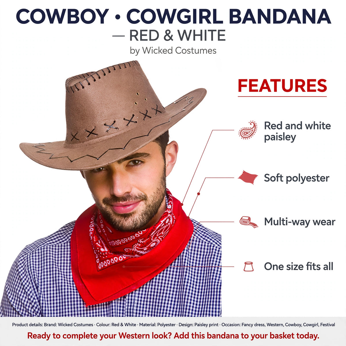 Bandana features red and white paisley design, soft polyester material, multi-way wear, and one size fits all