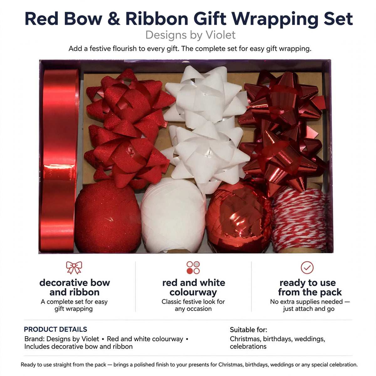 Infographic showing decorative bow and ribbon features in red and white colourway