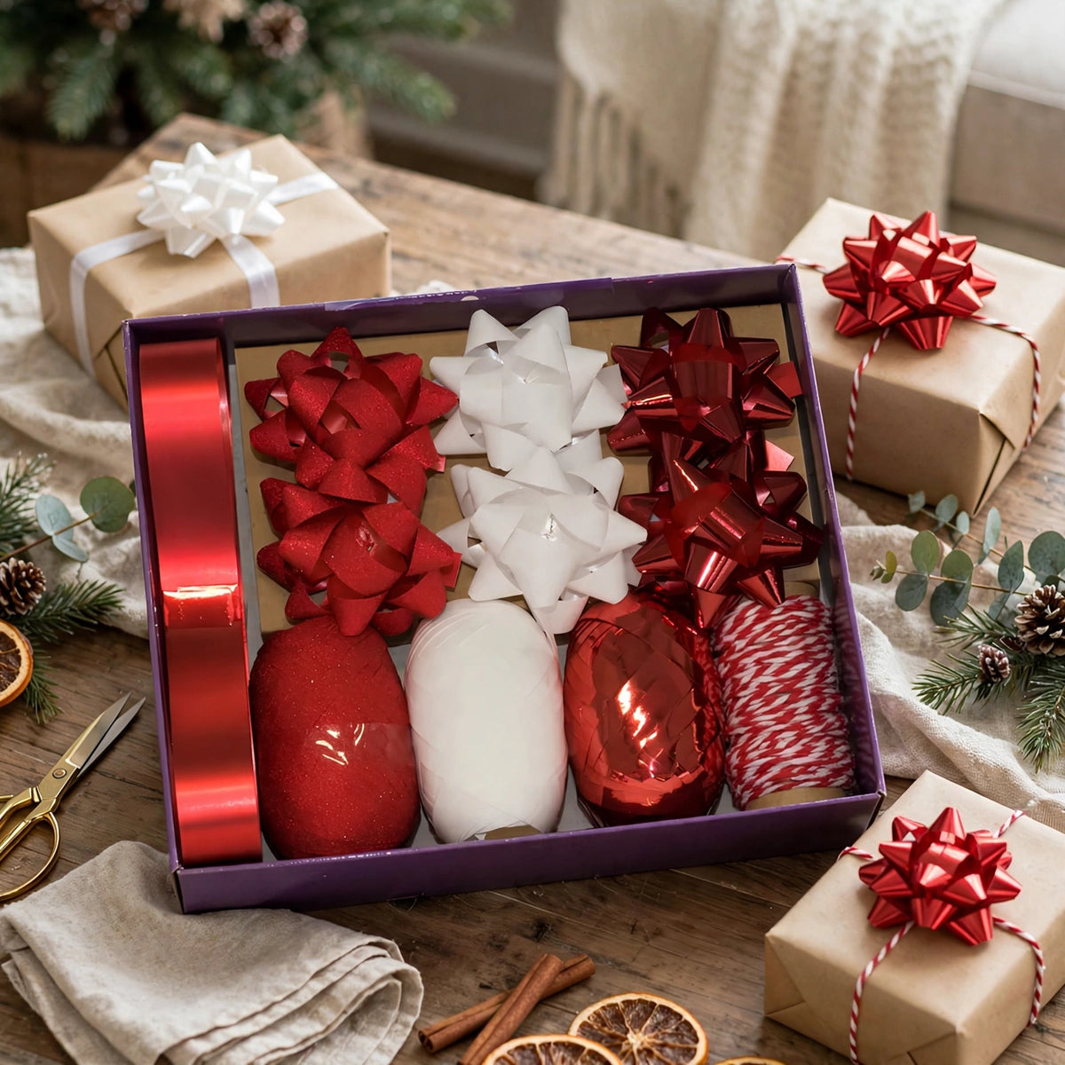 Red Bow and Ribbon Gift Wrapping Set used to decorate wrapped presents for celebrations