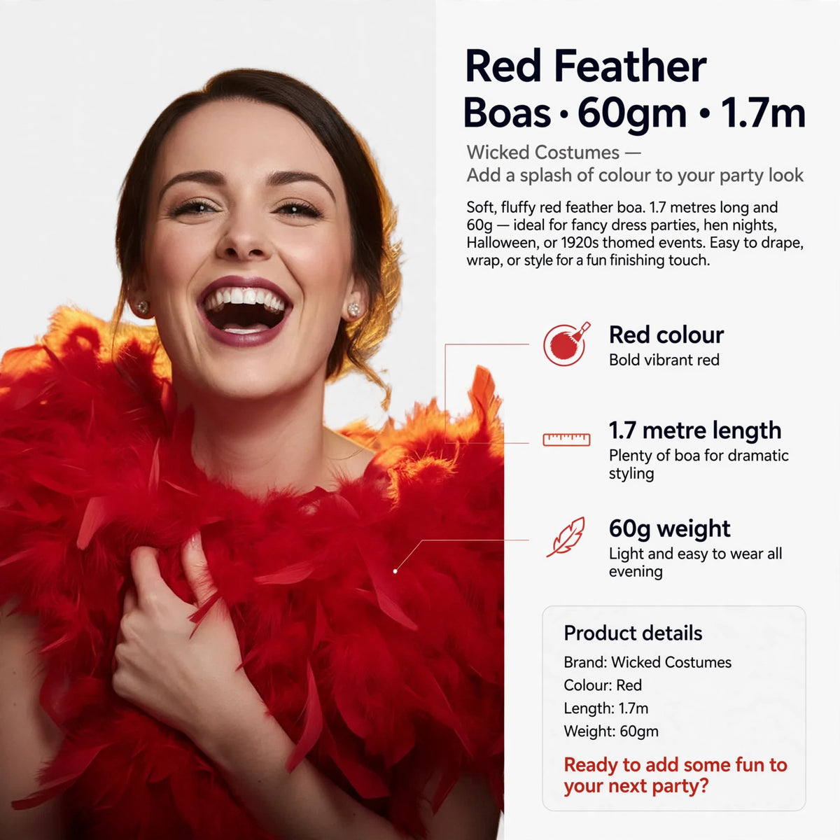 Infographic showing red colour, 1.7 metre length, and 60 gram weight features of the feather boa