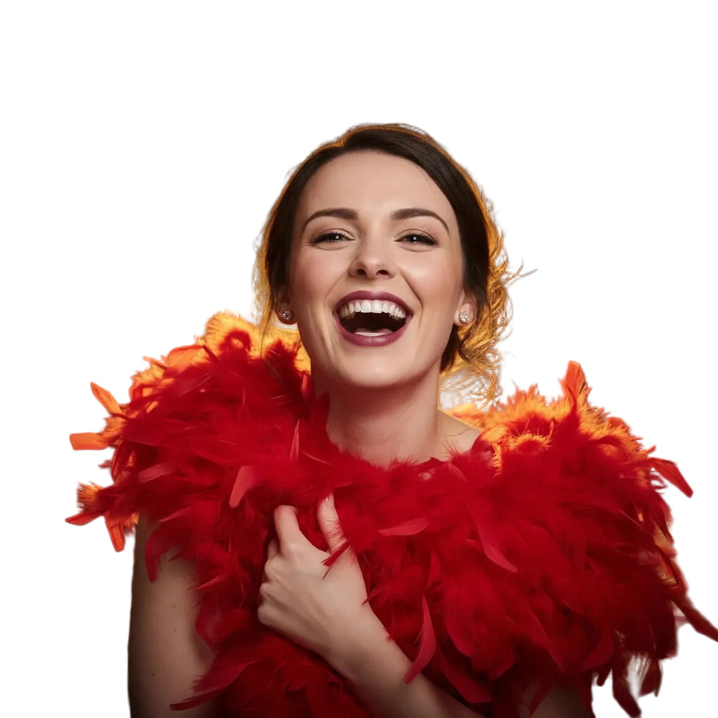 Red feather boa worn as a party accessory for fancy dress or themed events on a white background