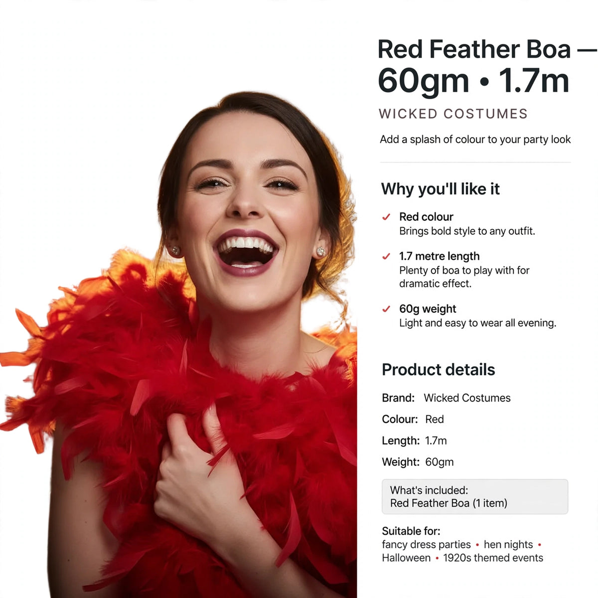 Red feather boa from Wicked Costumes suitable for parties and themed occasions