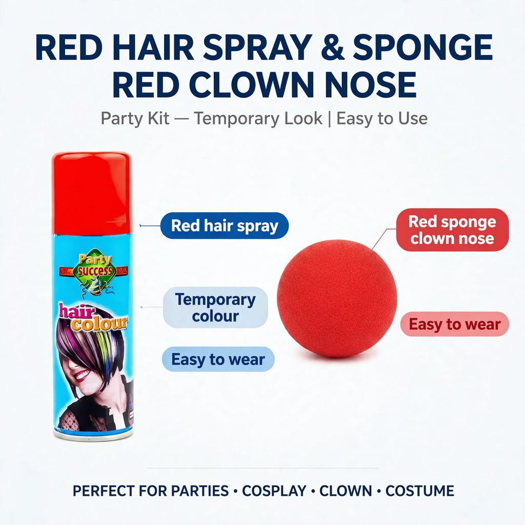 Features of the red hair spray and sponge clown nose set