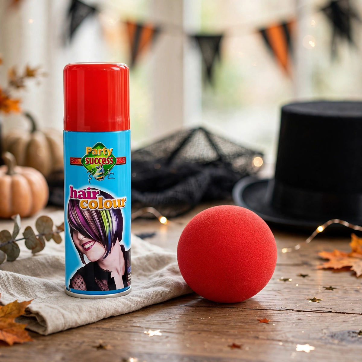 Person dressed in costume with red hair spray and clown nose