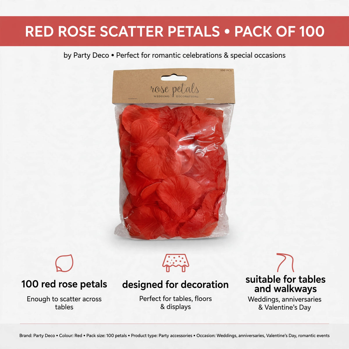 Infographic showing 100 red rose petals designed for decoration on tables and walkways