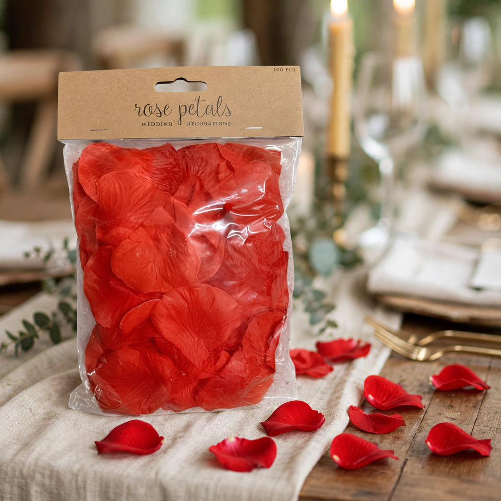 Red rose petals scattered on a table for a wedding or romantic event