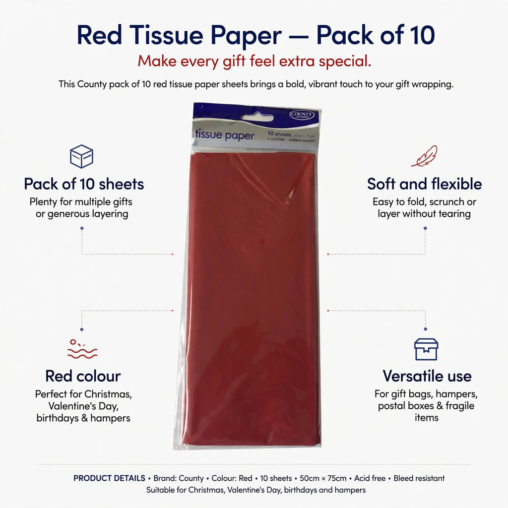 Features pack of 10 sheets, red colour, soft and flexible tissue paper