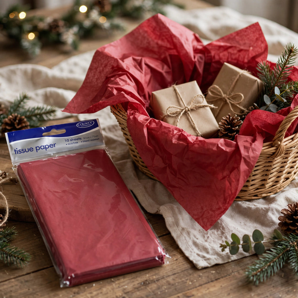 Red tissue paper used inside gift bags and hampers