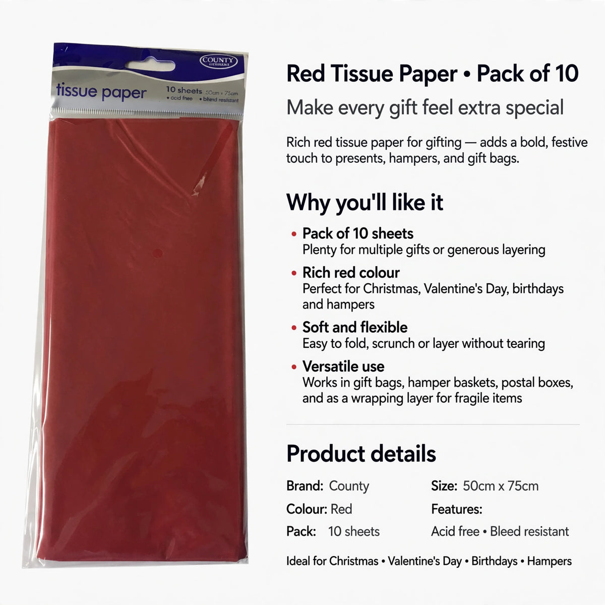 Red tissue paper suitable for gift wrapping and lining bags or boxes