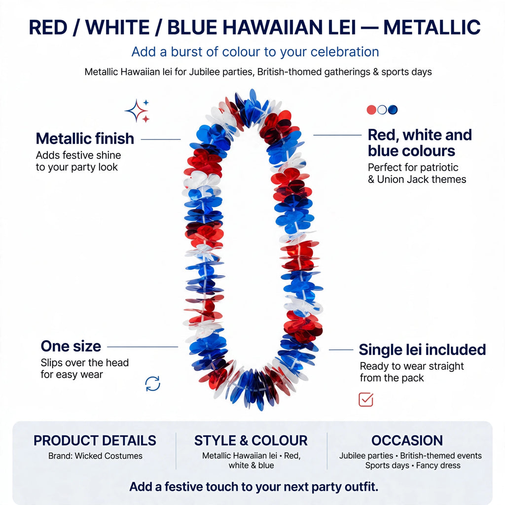 Metallic finish red white and blue colours one size single lei included