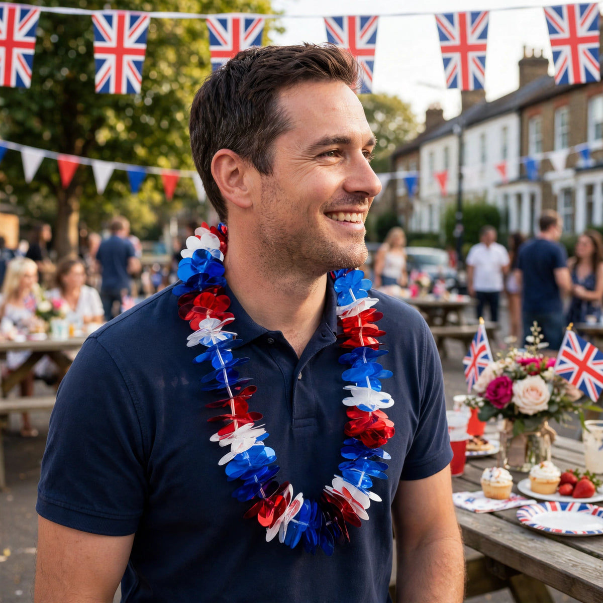 Metallic red white and blue Hawaiian lei worn at British themed event