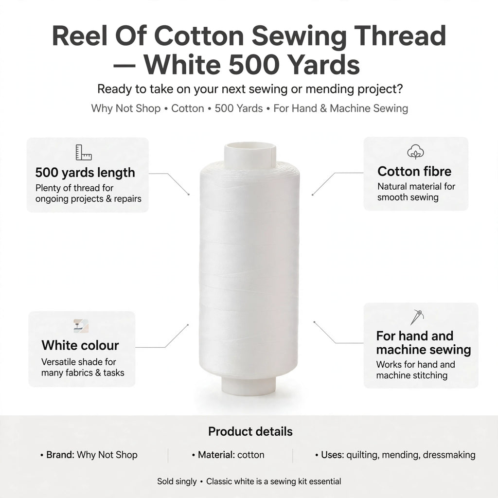 Infographic showing 500 yards length, cotton fibre, white colour, suitable for hand and machine sewing