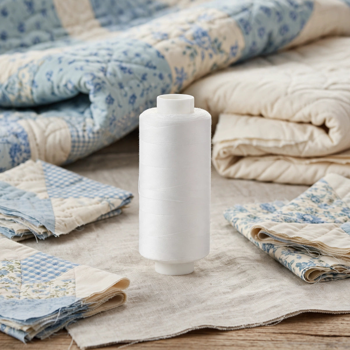 White cotton sewing thread reel used for sewing and mending projects