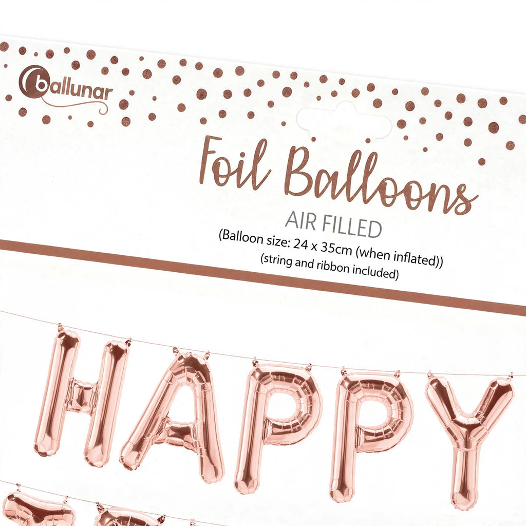 Close-up view of Rose Gold Happy Birthday Air Filled Foil Balloon showing foil material and lettering