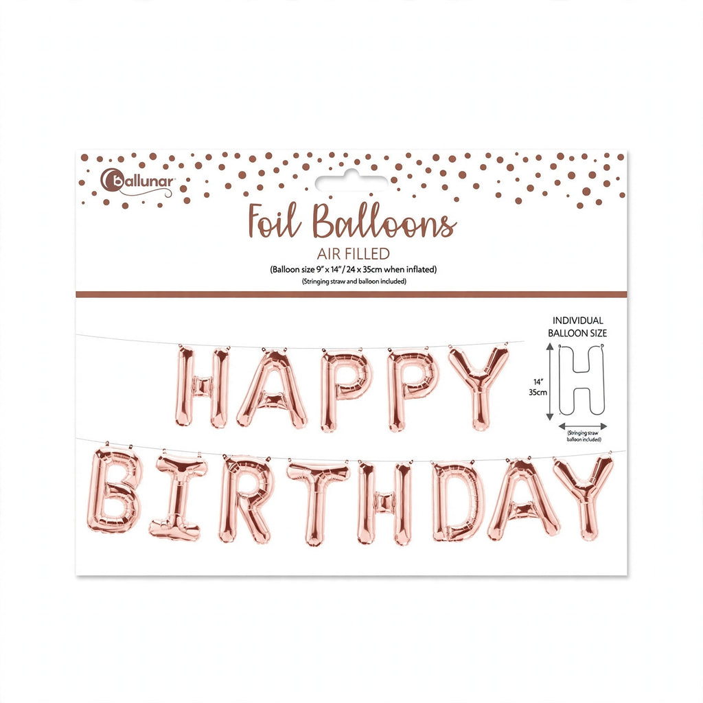 Rose Gold Happy Birthday Air Filled Foil Balloon with rose gold foil finish and Happy Birthday wording