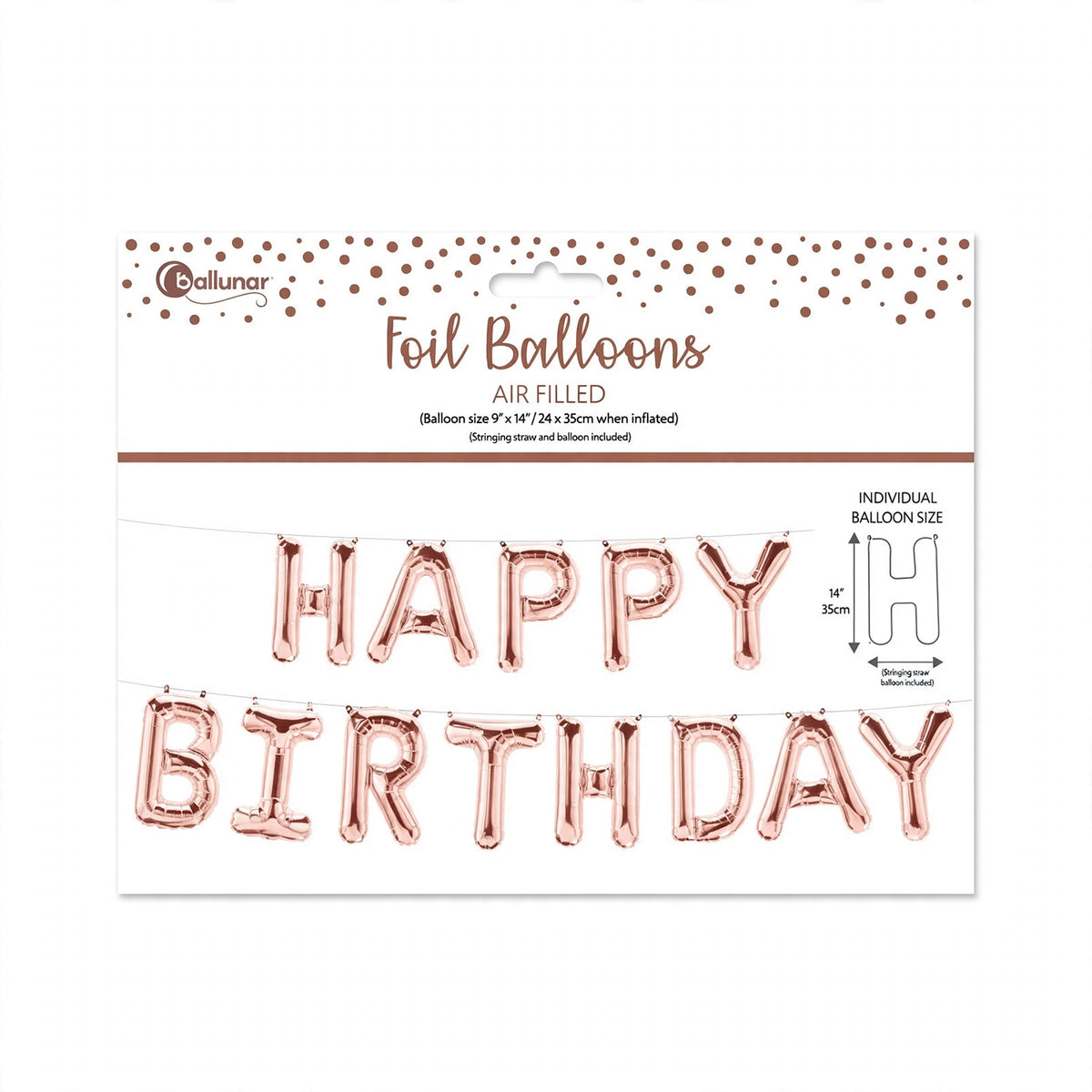 Rose Gold Happy Birthday Air Filled Foil Balloon with rose gold foil finish and Happy Birthday wording