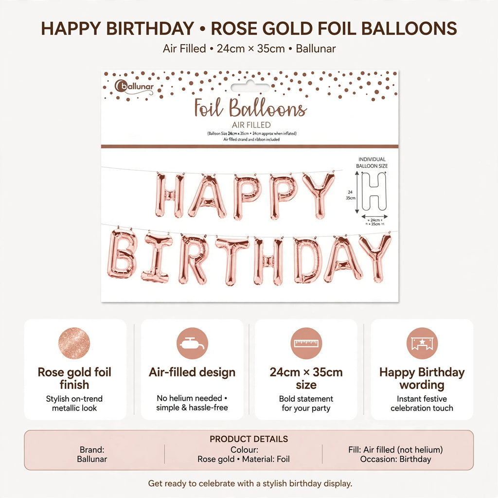 Infographic showing rose gold foil finish, air-filled design, 24cm x 35cm size, and Happy Birthday wording