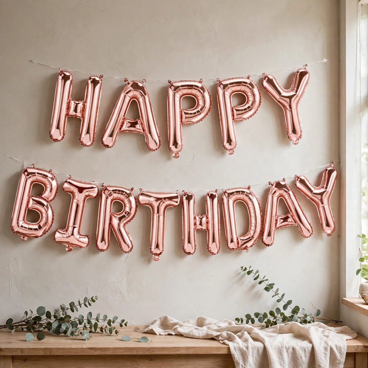 Rose Gold Happy Birthday Air Filled Foil Balloons displayed as part of a birthday party decoration