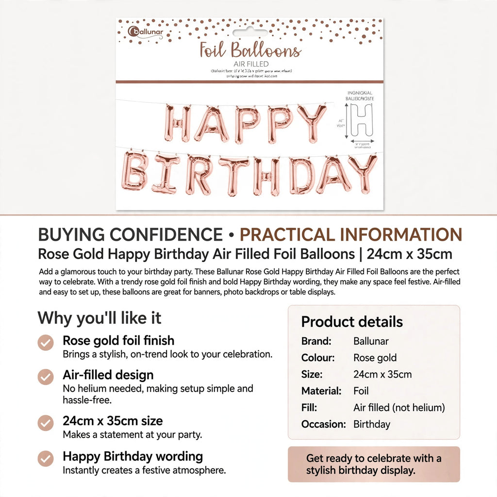 Information about air-filled design, no helium needed, and easy setup for Rose Gold Happy Birthday Foil Balloons