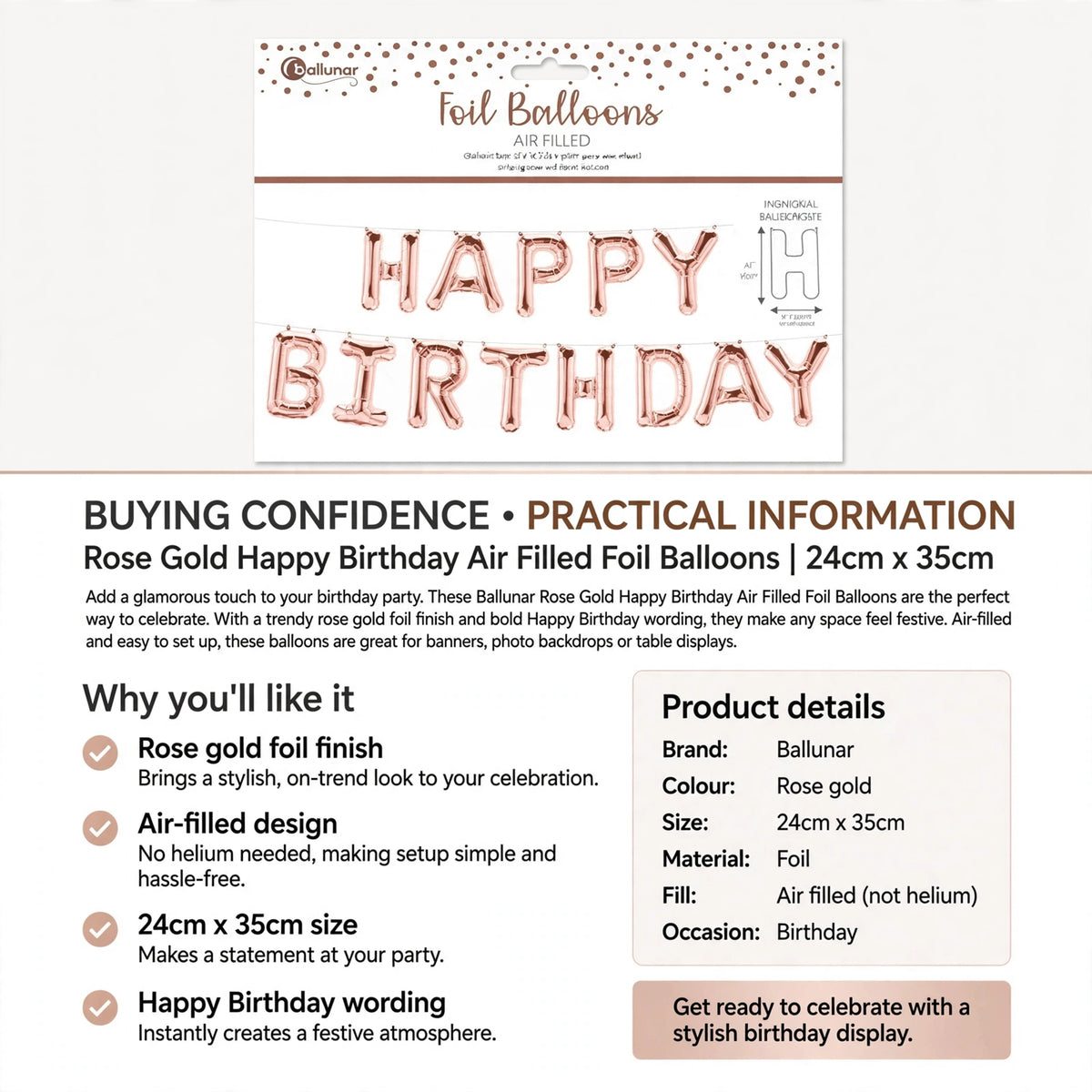 Information about air-filled design, no helium needed, and easy setup for Rose Gold Happy Birthday Foil Balloons
