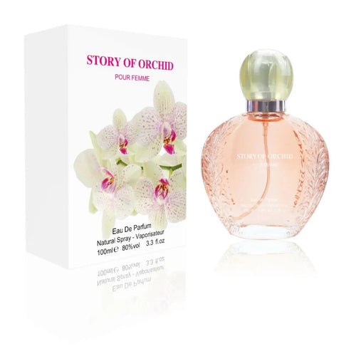 Story of Orchid Pour Femme Eau De Parfum bottle and its white packaging box decorated with orchid flowers, set against a clean white background.
