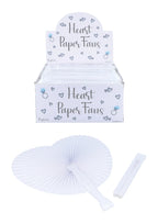 White heart paper fan with white plastic handle 14.5cm