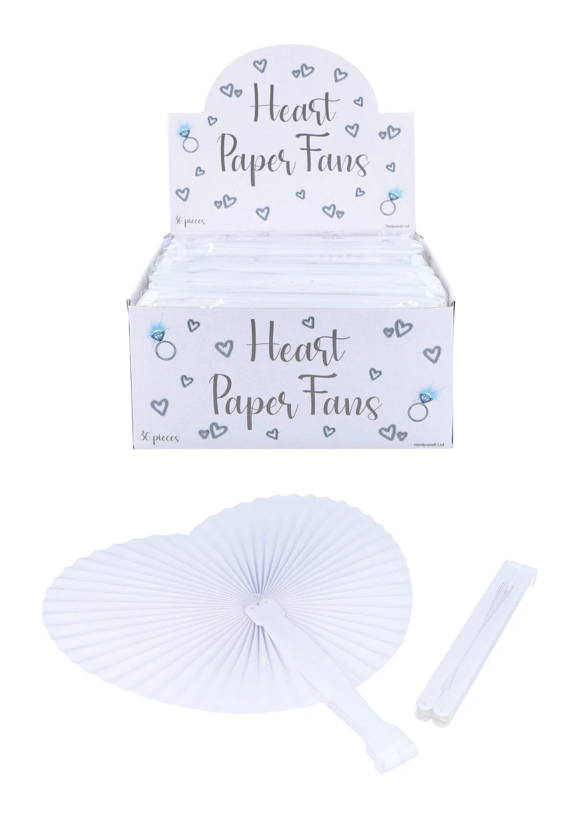 White heart paper fan with white plastic handle 14.5cm