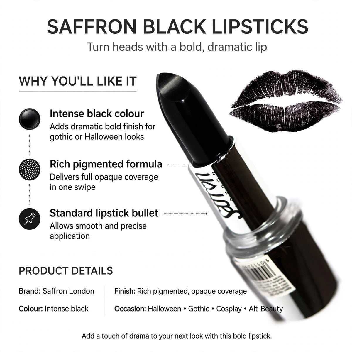 Infographic showing intense black colour, rich pigmented formula, and standard lipstick bullet