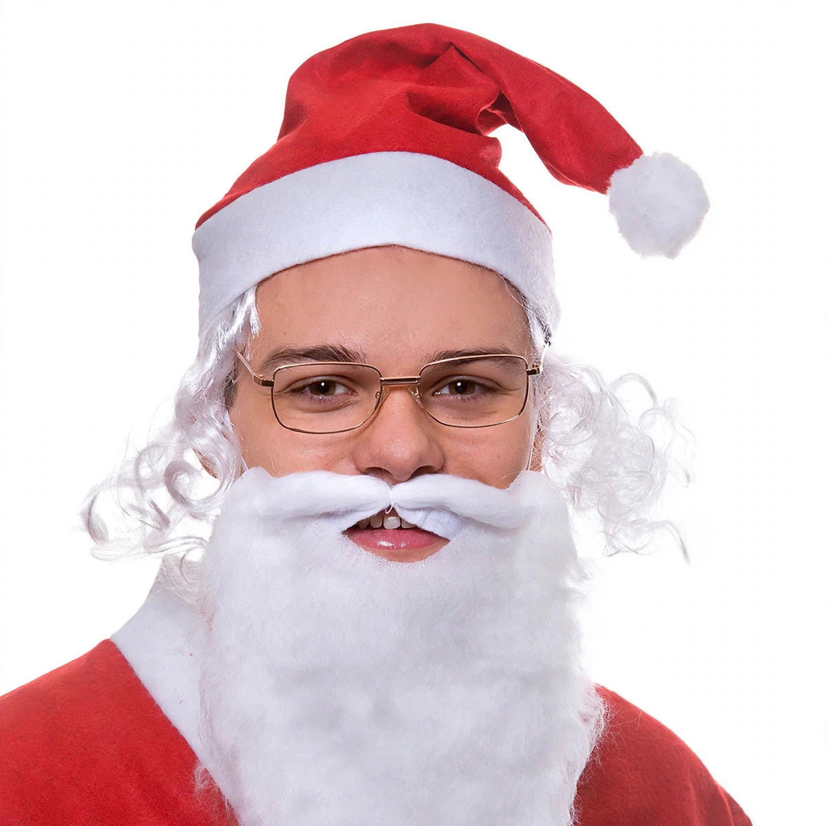 Close-up of Deluxe Santa Hat with white curly hair, beard, and gold-rimmed glasses