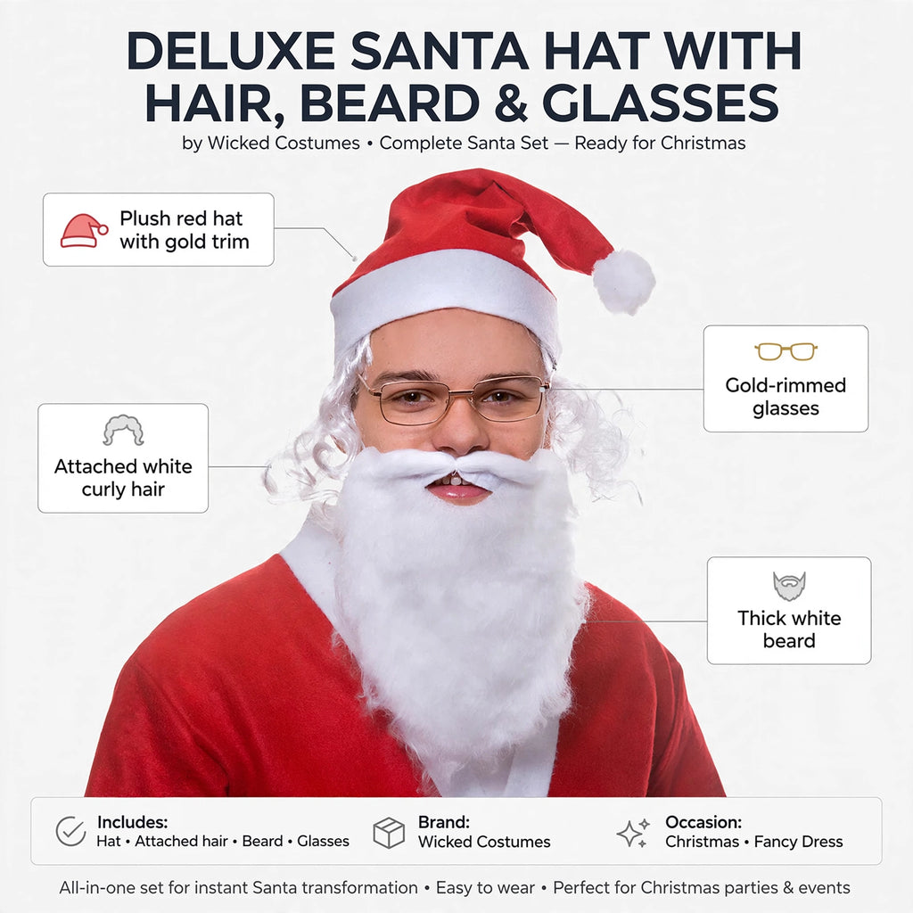 Infographic showing plush red hat with gold trim, attached white hair, thick white beard, and gold-rimmed glasses