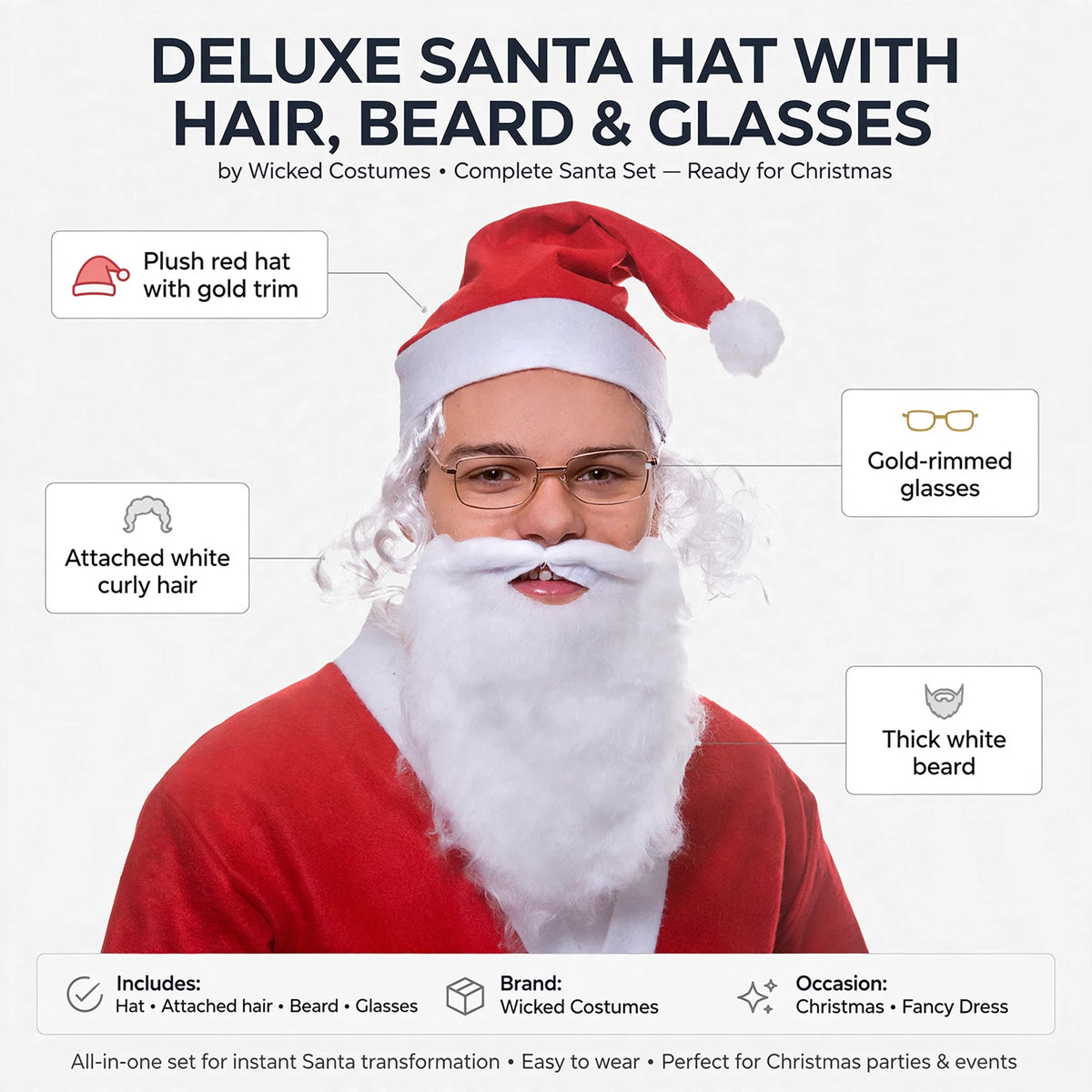 Infographic showing plush red hat with gold trim, attached white hair, thick white beard, and gold-rimmed glasses