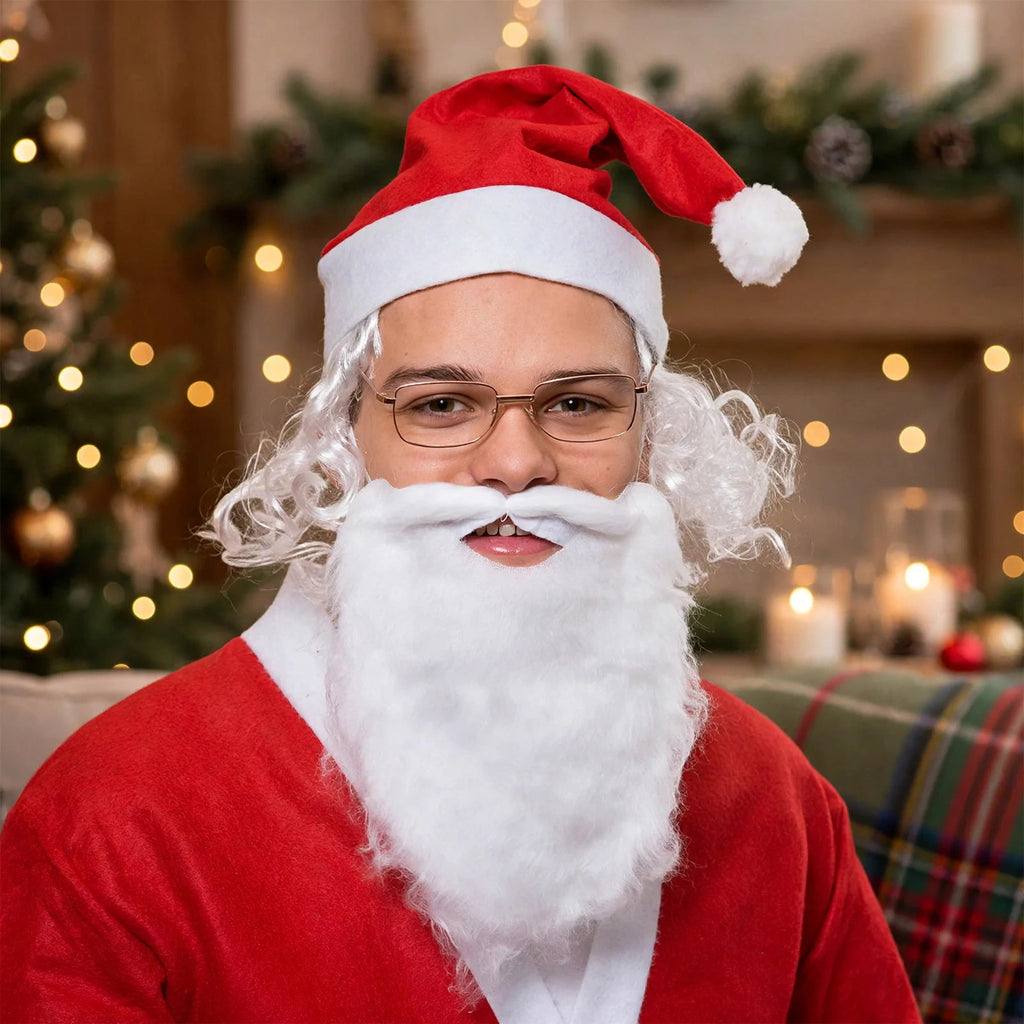 Person wearing Deluxe Santa Hat with attached white hair, beard, and gold-rimmed glasses at a Christmas event