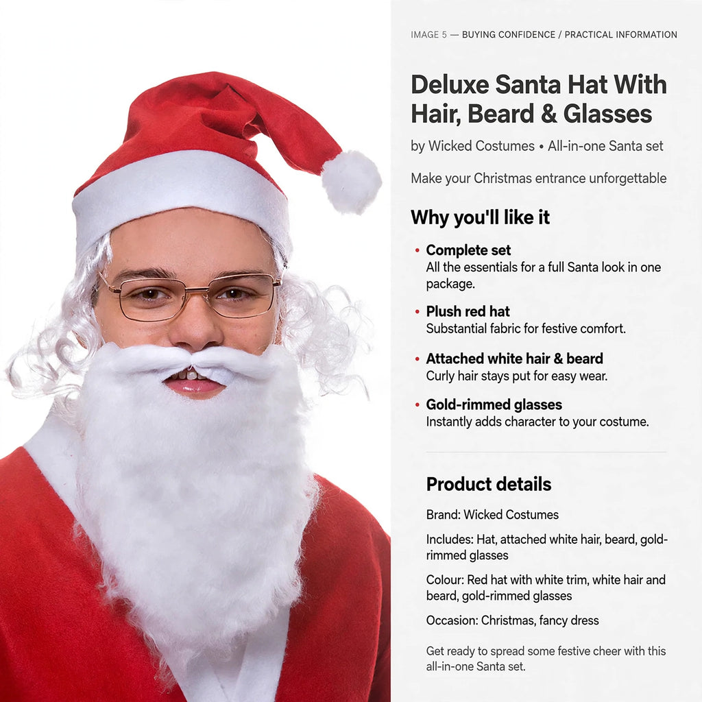 Complete Santa costume set including hat, attached hair, beard, and glasses in one package